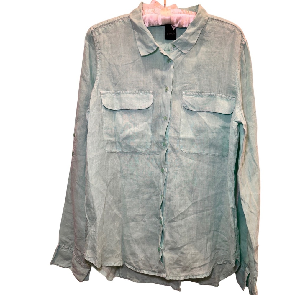 Calvin Klein Jeans Womens L Ramie Utility Shirt Mint Green Long Sleeve Roll Tab